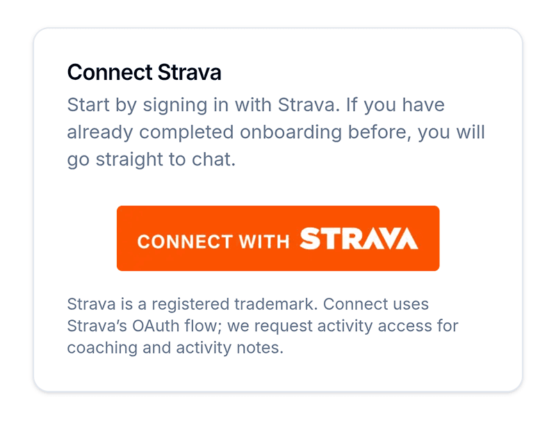 Convoy.coach onboarding card with a Connect with Strava button.