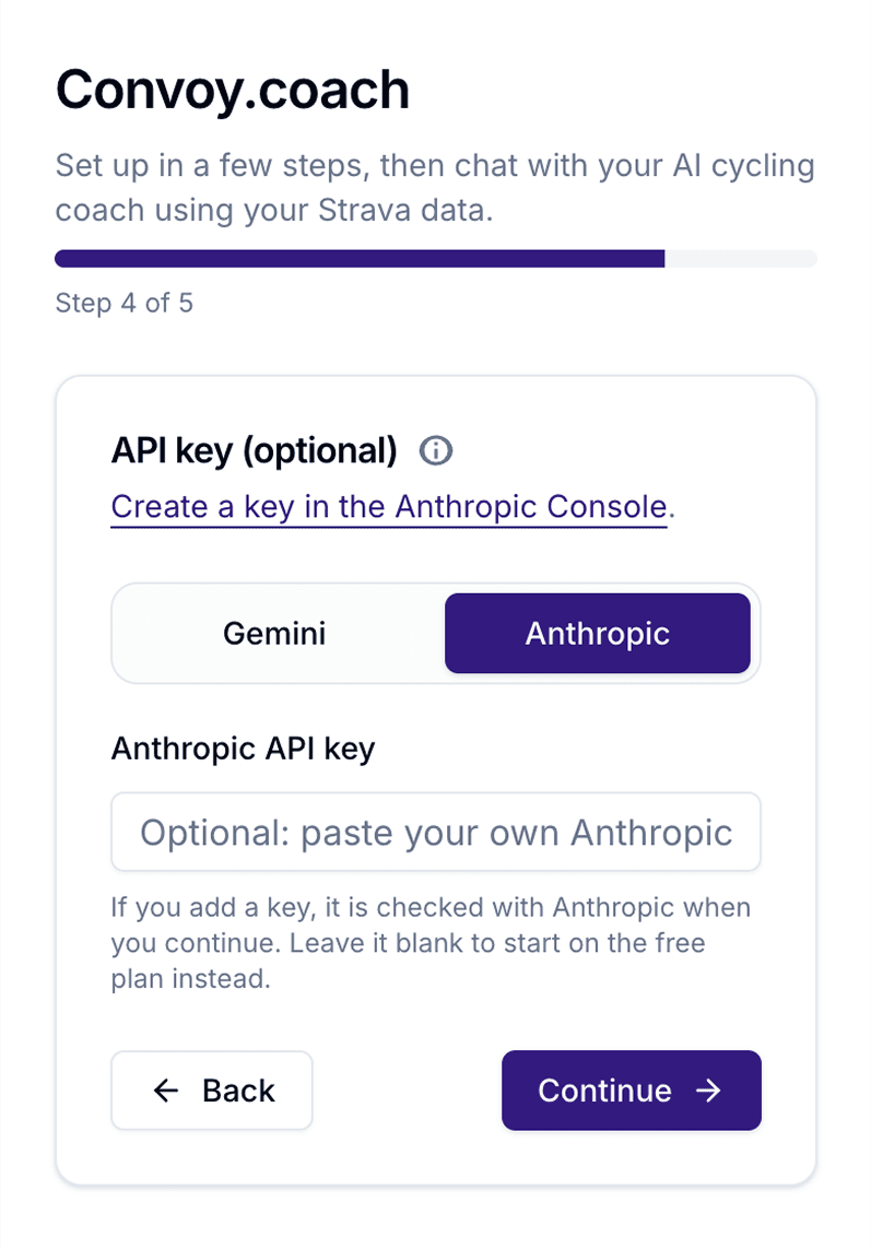 Convoy.coach API key step with the Anthropic tab selected.