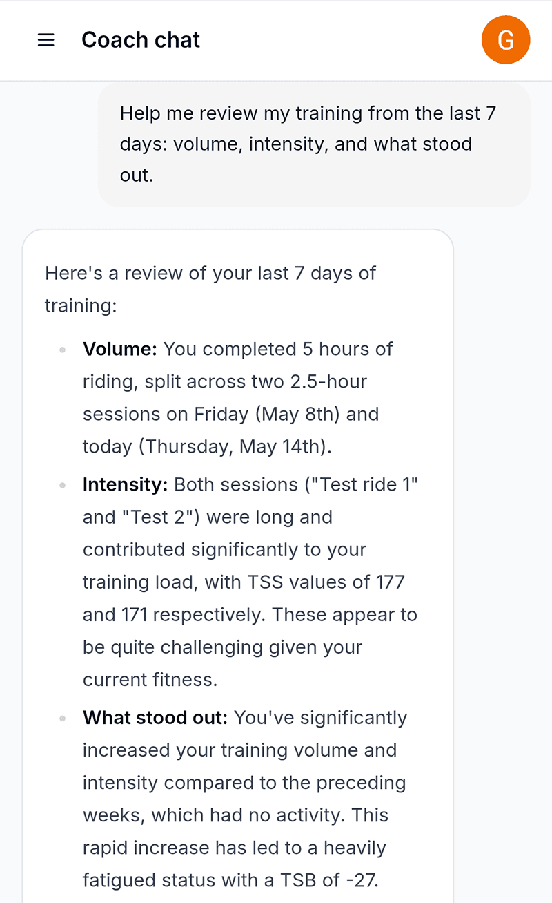 Coach chat showing a Gemini-powered review of recent cycling training.
